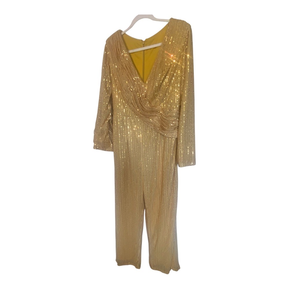 Fashion Gold Sequin Jumpsuit Long Sleeve V-Neck Formal Plus Size 24 NEW